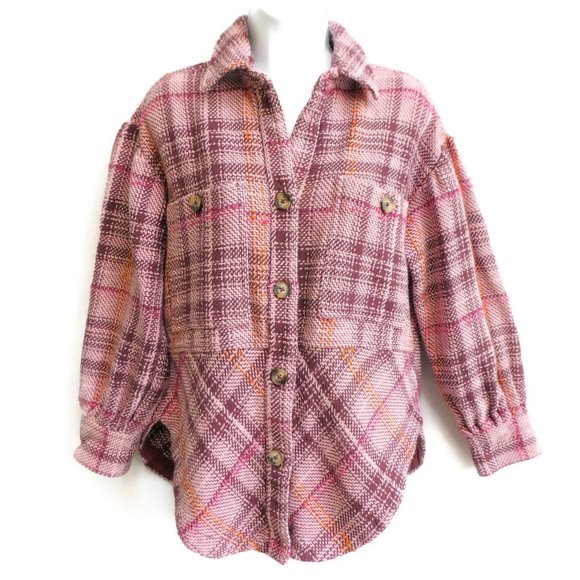 Anthropologie Shirt Jacket Pink Red Plaid Hudson Shacket Tweed Heavy S